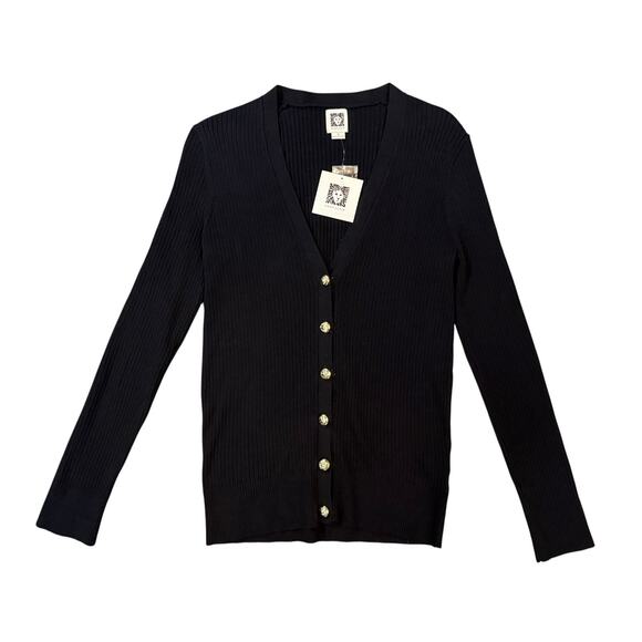 NWT Anne Klein Black Ribbed Long Sleeve Button Up Sweater Top Womens Size Small - Picture 3 of 14